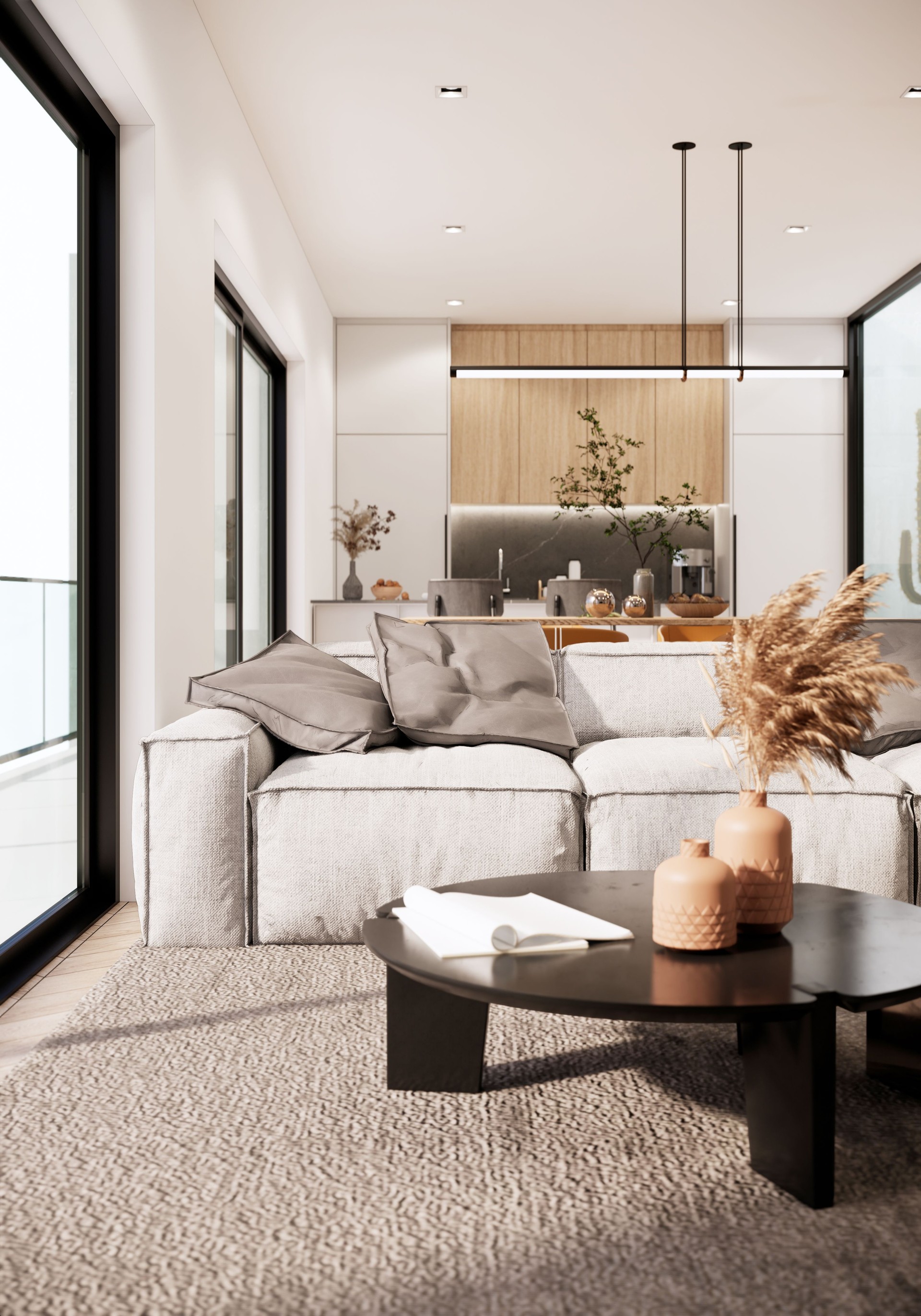 3d rendering minimal white color apartment ideas. mockup modern interior room design and decoration furniture fabric sofa. vertical image