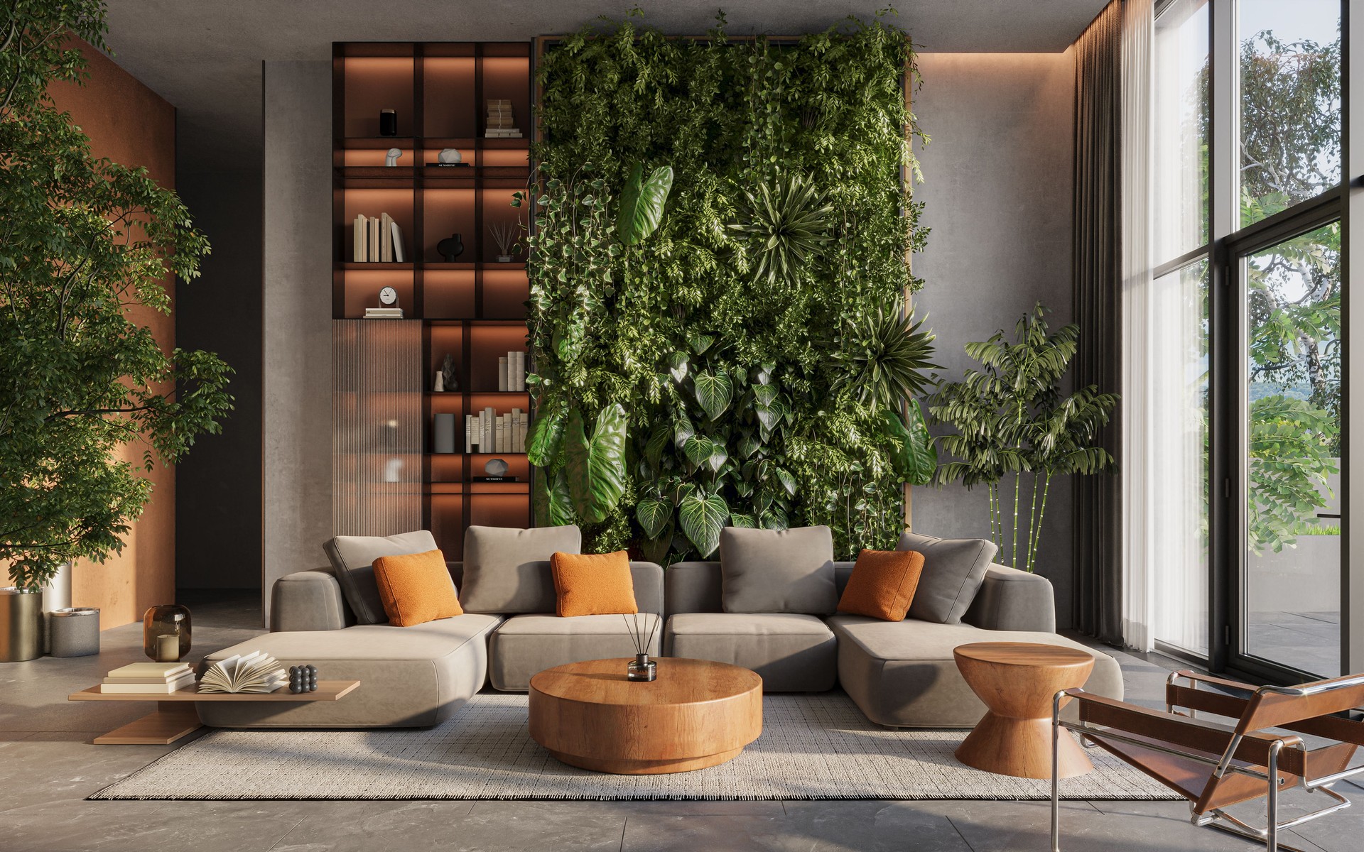 Vertical Green Wall  in modern living room interior with polished concrete walls and modern furnitre, 3d render